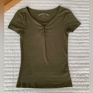 AERO Seriously Soft Shirt Short Sleeve Tie Up V Neck Ribbed Olive Green Women M